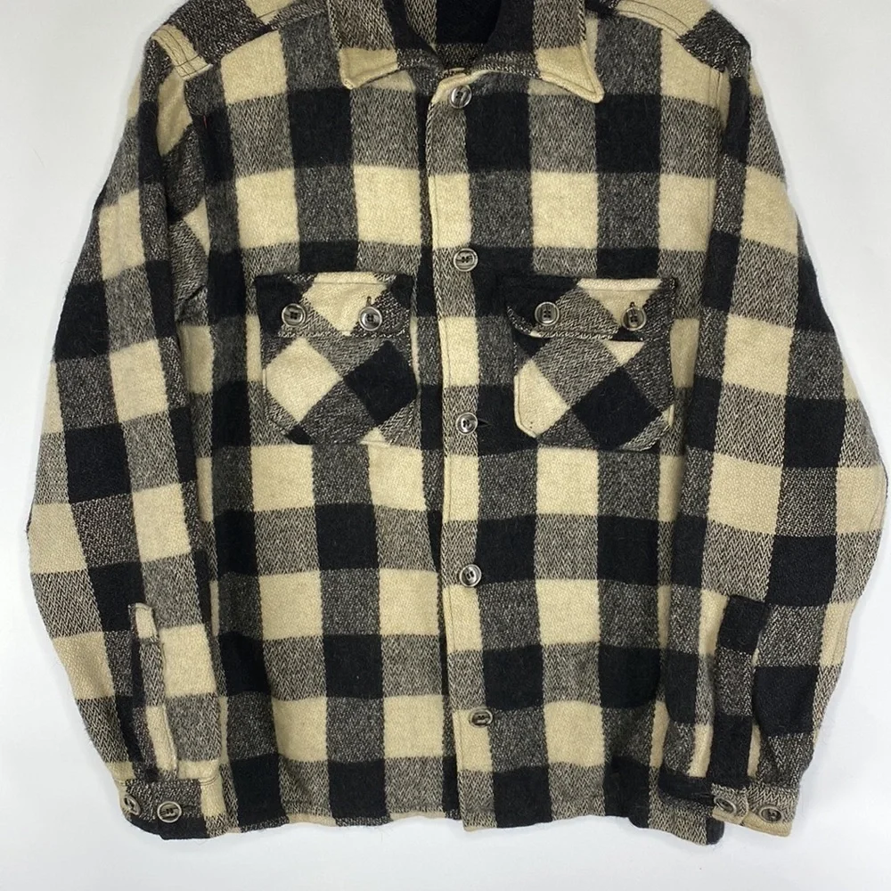 Vintage Jim Penney Sportwear Wool Button Up Shirt Jacket Black White Rare